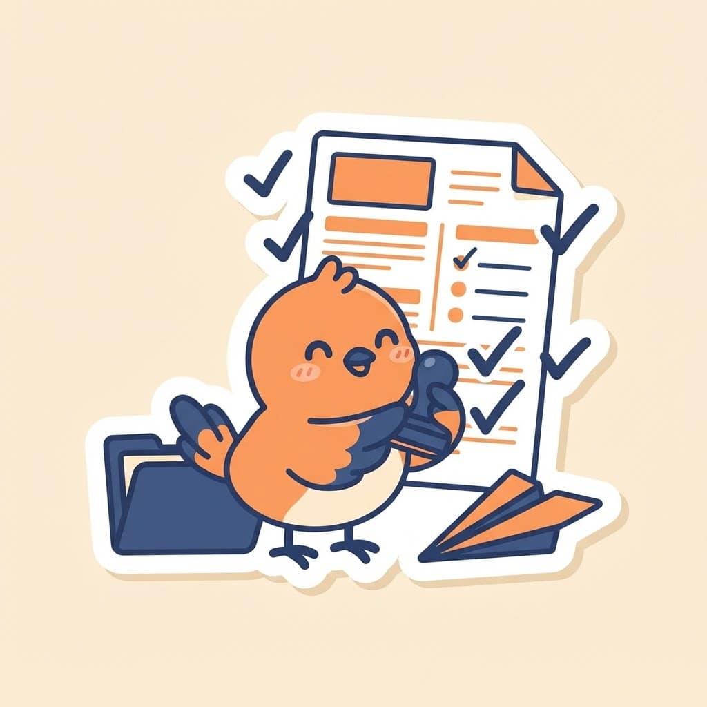 Plucky bird stamping a resume covered in checkmarks