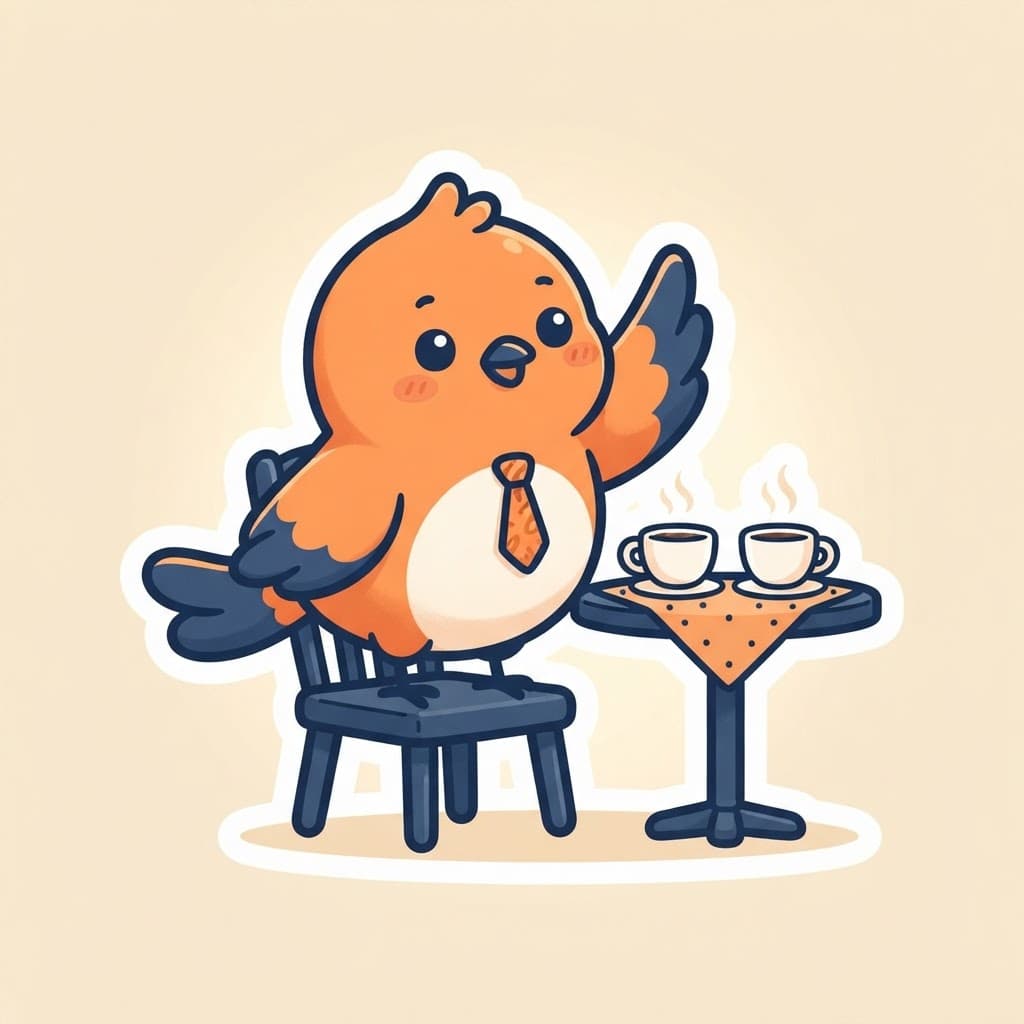 Plucky bird in a tie chatting over coffee