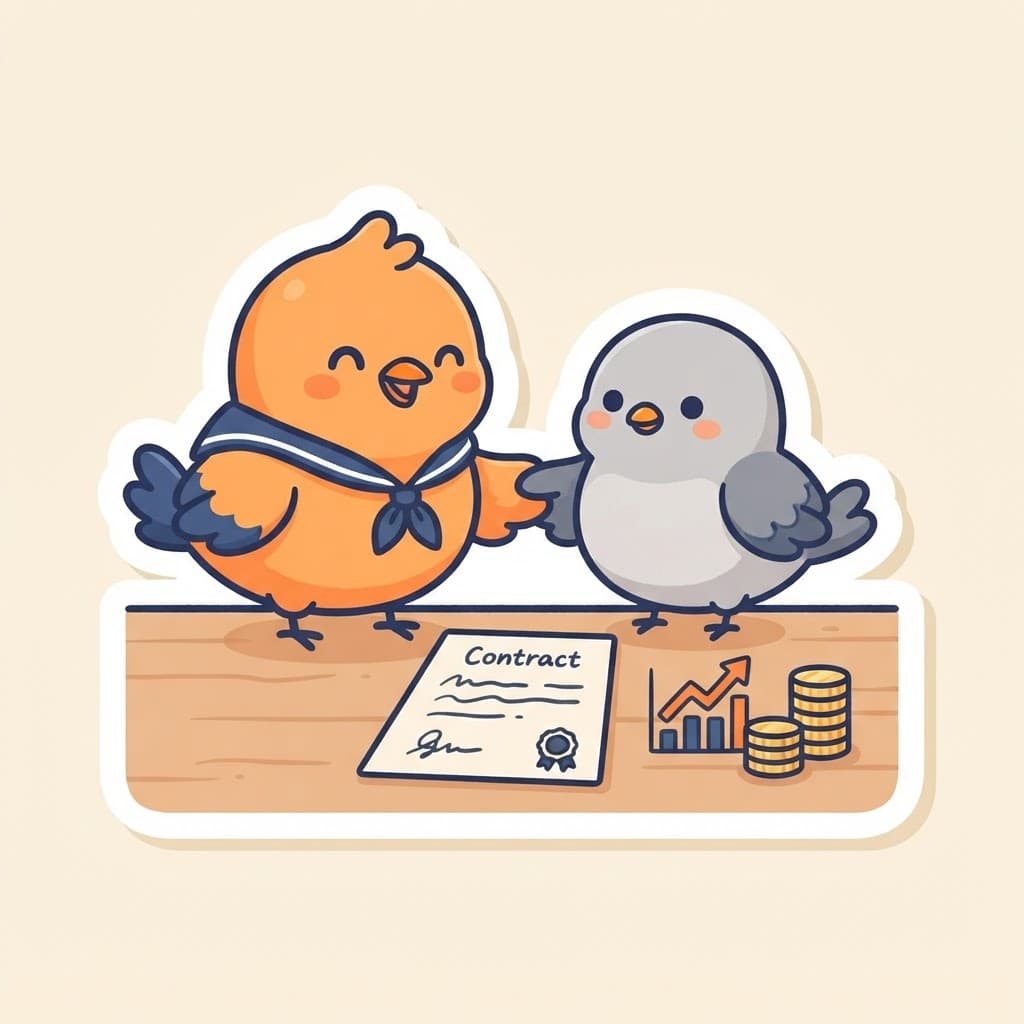 Plucky bird shaking hands over a signed offer