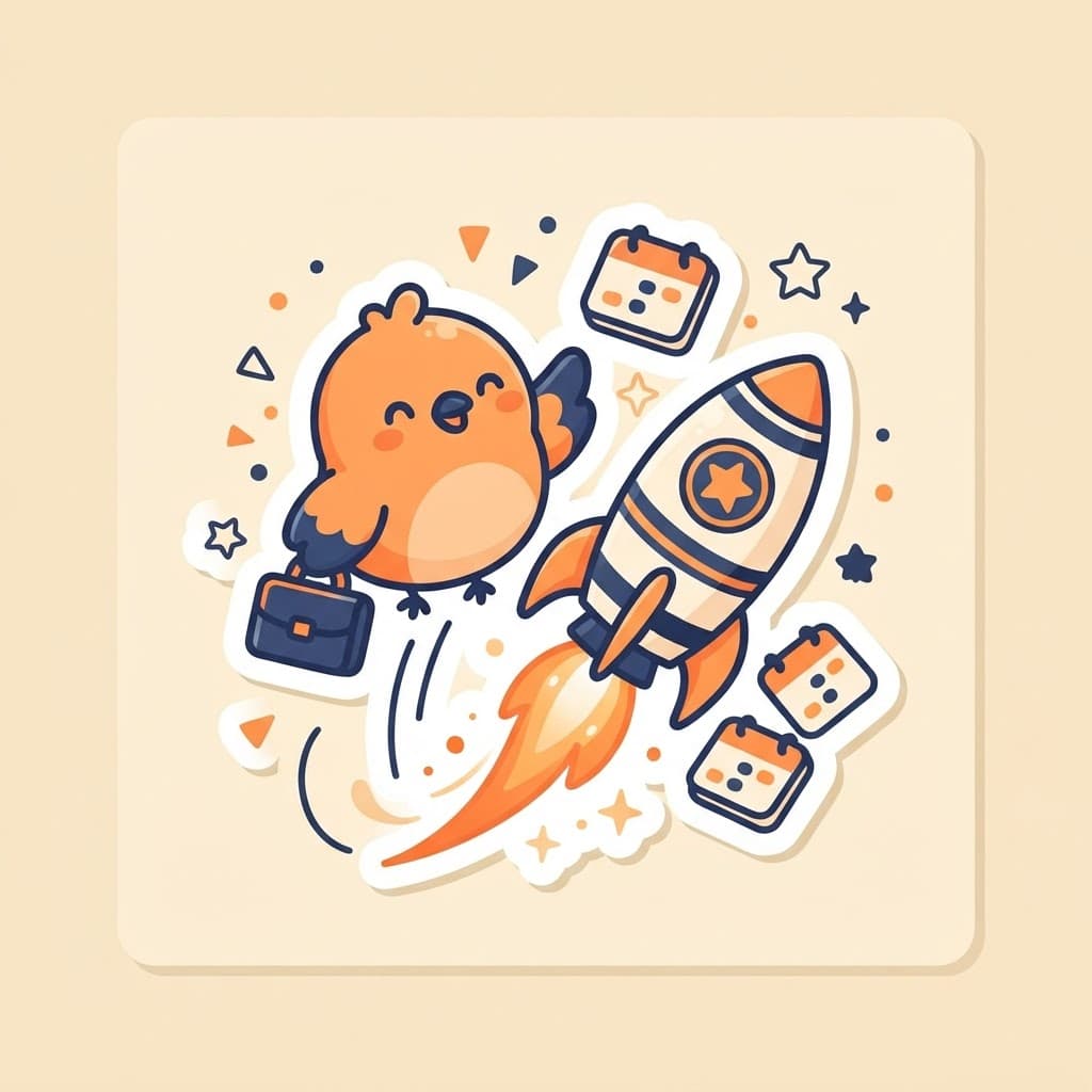 Plucky bird with a briefcase flying beside a rocket